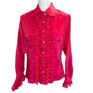 90's  Vtg TALBOTS TUXEDO SHIRT, RASPBERRY Pure Silk Womens Size 12 Petite.
